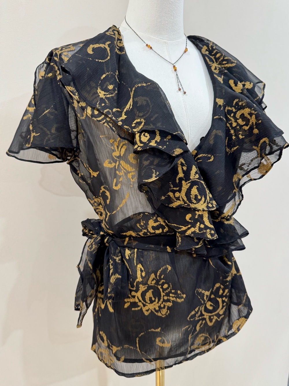 Ralph Lauren Sheer Black Gold Floral Ruffle Wrap Blouse Flutter Sleeve Size 10